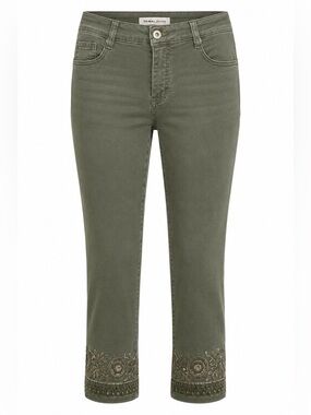 Tribal Audrey Mid-Rise Slim Crop Embellished Olive Jeans Size 10